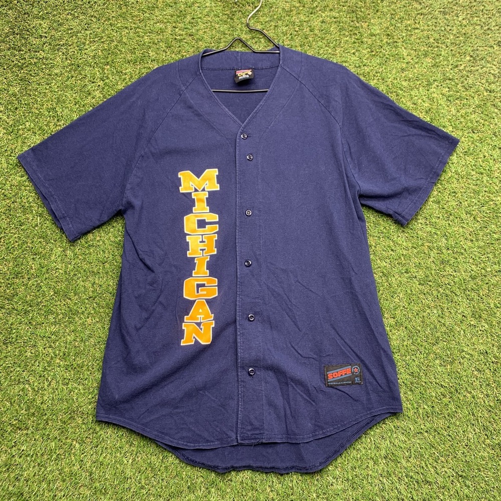 Michigan Wolverines Shirt Mens XL Blue NCAA Baseball Button Up Cotton Soffe 90s